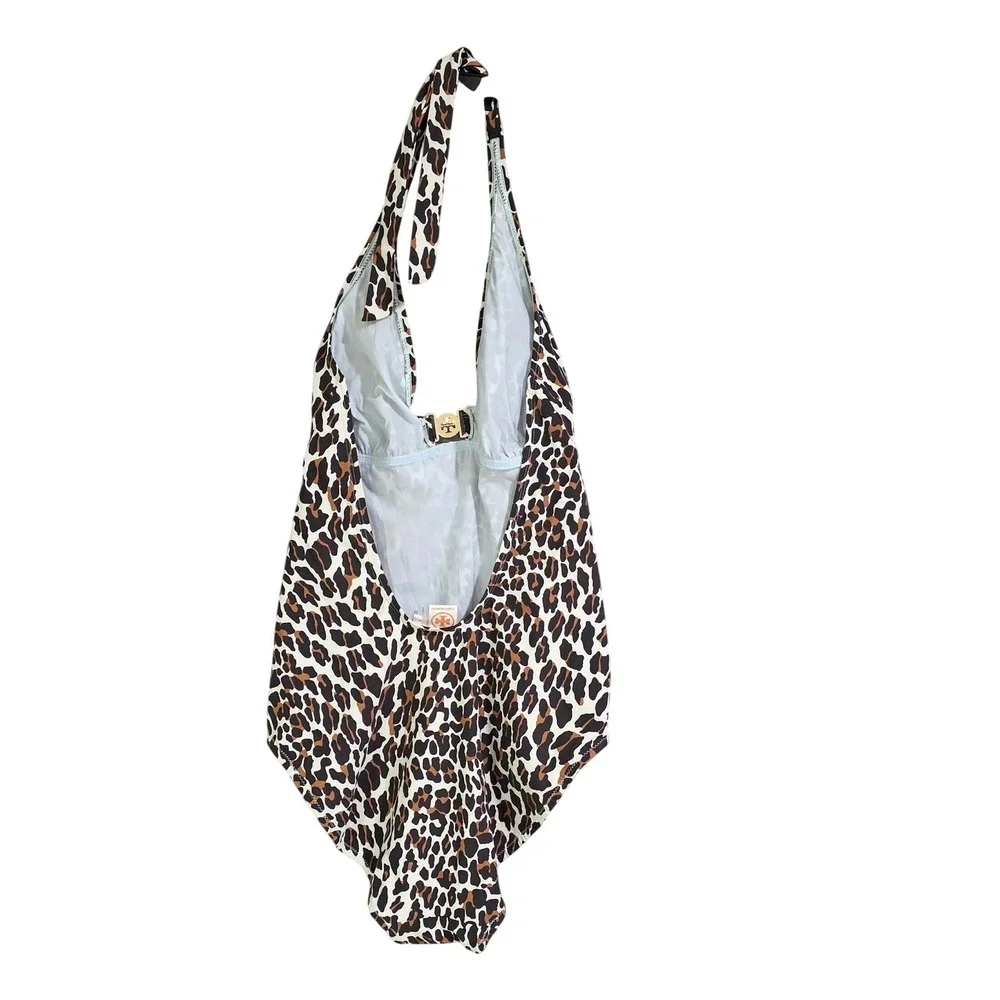 Tory Burch Leopard Print One Piece Swimsuit Womens‎ Medium Brown Excellent Logo